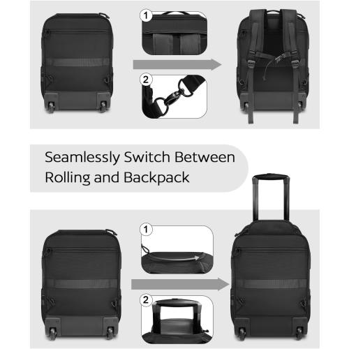 Rolling Tactical Laptop Backpack, 17 Inch Wheeled Military Computer Backpack for Men and Women, Roller Carry on Luggage for Work Travel, Overnight Molle Outdoor Hiking Bag with Wheels, Black