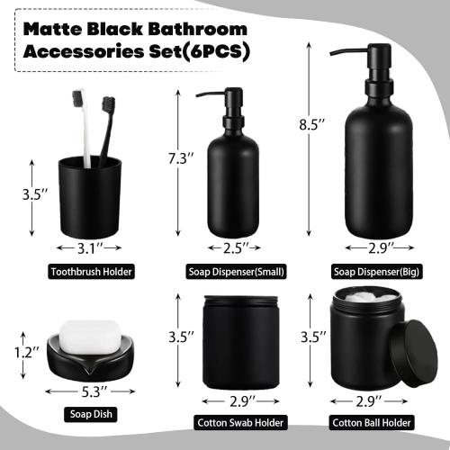 6 Pcs Matte Black Bathroom Accessories Set, Modern Luxury Liquid Soap Dispenser & Toothbrush Holder, Farmhouse Vanity Organizer with Cotton Swab Dispenser, Soap Dish, Tumbler for Bathroom Decor