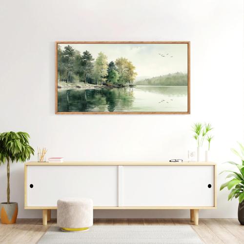 KAIRNE Framed Nature Canvas Wall Art Set,Misty Forest Wall Decor,Green Mountain Forest Pictures,Lake Water Painting set of 1(20”x40”),Landscape Scene Print for Living Room, Bedroom,Gallery Decor