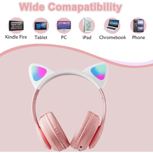 Kids Headphones for School, Kid Bluetooth Wireless Cat Ear Headphones with Microphone, Over Ear Headphones for Kids Teens Adults (Pink Pro)