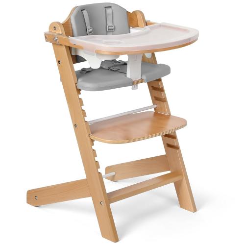 Cowiewie 3-in-1 Convertible Natural Wooden High Chair for Babies & Toddlers 3-Tier Remove & 2 Adjustable Wood Tray & 8 Levels Adjustable, 2 Waterproof Cozy Cushions white and Grey