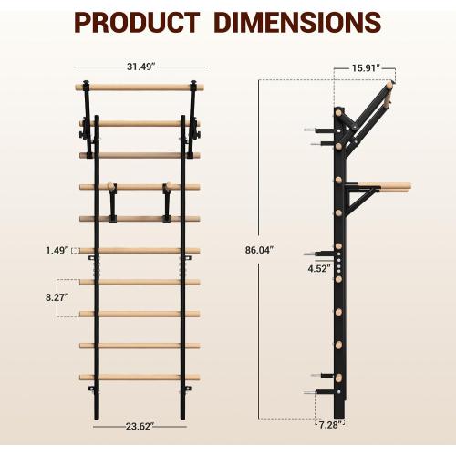 GMWD Swedish Ladder, Stall Bar, Suspension Trainer with Pull-Up Bar and Dip Bar Attachments, Wooden Stall Bar with 9 Strategic Rods for Core Strengthening and Stretching Balanced for Body Exercises