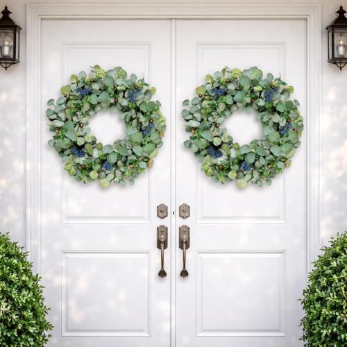 22 Inch Eucalyptus Wreath with Olive Leaves and Berries All Year Round, Handmade Green Spring Summer Wreaths for Front Door Indoor Outdoor Wedding Holiday
