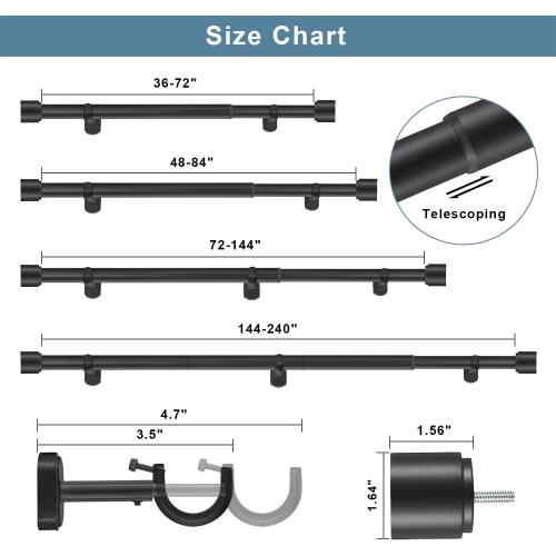 1 1/8 Inch Diameter Curtain Rods, 72-144” Telescoping Large Single Window Drapery Rod Heavy Duty With Adjustable Modern Brackets, Matte Black