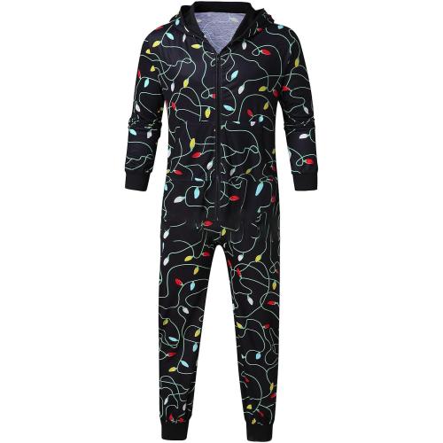 Size Large Christmas Hooded Jumpsuits for Men Reindeer Onesie Pajamas Full Zip All Over Pattern Holiday One Piece Rompers