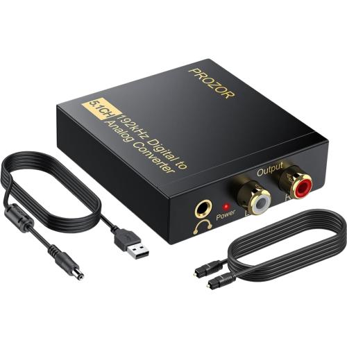 PROZOR 192Khz Digital to Analog Audio Converter Support 5.1CH Optical to RCA Converter with Magnetic Ring Power Cord Digital Toslink SPDIF to Analog L/R RCA 3.5mm Adapter for HDTV Blu-Ray DVD PS3 PS4