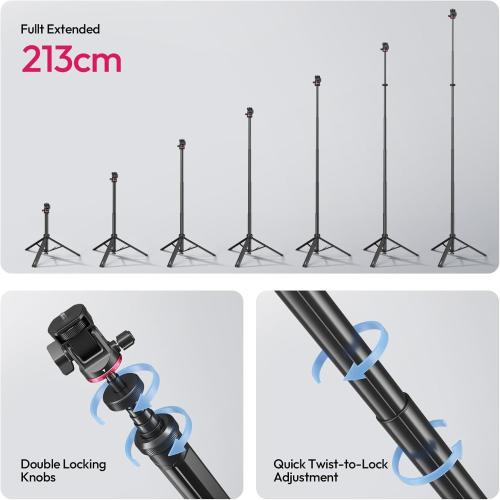 ULANZI MT-80 Aluminum Tripod Stand, 7FT Extendable Camera Phone Tripod for Travel, Auto Pop-Up, 1/4 Screw, 360 Ball Head Portable Photo Video Light Stand for DSLR Camera, Ring Light, Video Rig