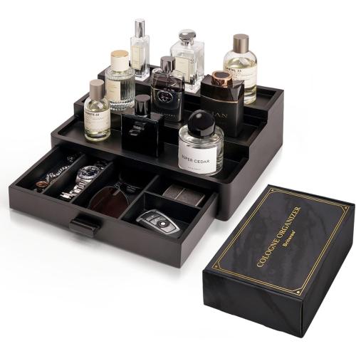 Cologne Organizer for Men, 3 Tier Wooden Cologne Stand with Drawer Storage and Hidden Compartment, Perfume Display Holder for Dresser, Great Gifts for Men and Women Valentine, Black