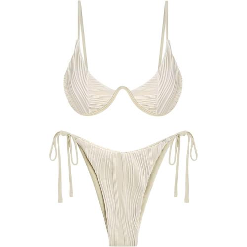 ZAFUL Women's Bikini Sets Ribbed Two Piece Swimsuits Underwire Adjustable Back Clasp Bathing Suit Side Tie Thong Swimwear