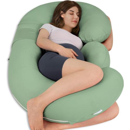 QUEEN ROSE Cooling E Shaped Pregnancy Pillows, Detachable Body Pillow for Sleeping, with Pregnancy Wedge Pillow for Belly Support, Cooling Rayon Cover,Green
