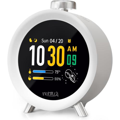 MOMILLA Alarm Clock for Heavy Sleepers, Colorful Screen Temperature, Loud 7-Day Programmable 4 Alarms, Small Clocks Bedrooms for Kids Adults Boys Girls, Easy to Set, Digital White Noise, Hourly Chime