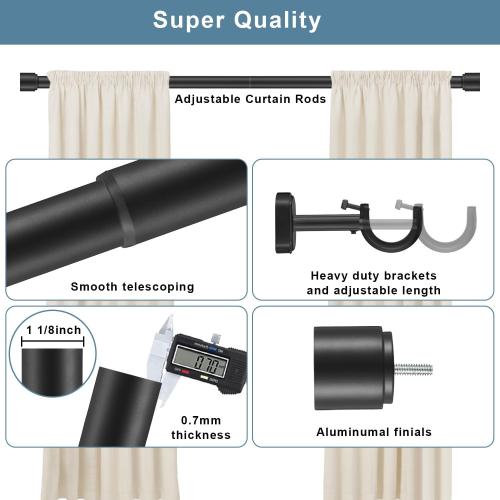 1 1/8 Inch Diameter Curtain Rods, 72-144” Telescoping Large Single Window Drapery Rod Heavy Duty With Adjustable Modern Brackets, Matte Black