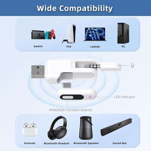 USB-C Bluetooth Audio Adapter for PS5, aptX Adaptive | 2-in-1 USB-A Bluetooth Audio Adapter, Low Latency, Wireless Audio Transmitter to Connect Bluetooth Headphones & Earbuds