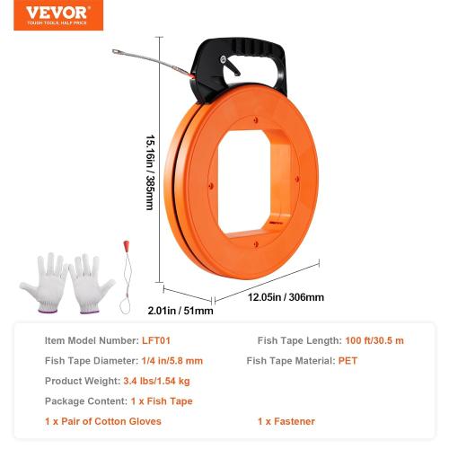VEVOR Fish Tape, 100-foot, 1/4-inch, PET Wire Puller with Optimized Housing and Handle, Easy-to-Use Cable Puller Tool, Flexible Wire Fishing Tools for Walls and Electrical Conduit, Non-Conductive