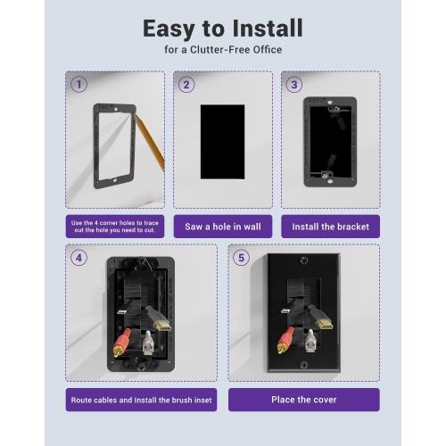 VCE Brush Wall Plate with Bracket, Cable Pass Through Insert Single Gang Decorator Wall Cover for Low Voltage Cables, Cord Hider for Wall Mount TV, Home Theater System, Black (2-Pack)