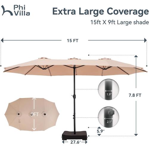 PHI VILLA 15ft Large Patio Umbrellas with Base Included, Outdoor Double-Sided Rectangle Big Market Umbrella with Stand, Outside Umbrellas for Poolside Lawn Backyard, Beige