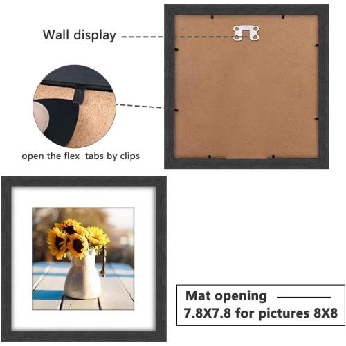 12x12 Picture Frame Rustic Black Wood Set of 6,Display Square Pictures 8x8 with Mat or 12x12 Without Mat,Multi Photo Frames Collage for Wall - Gallery Wall Frame Set