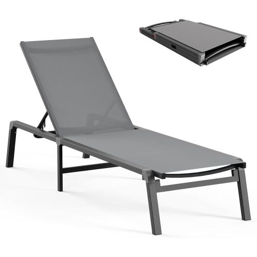 Aluminum Chaise Lounge Ourdoor - Foldable & Assemble Free Outdoor Lounge Chair with 5 Adjustable Backrest, Patio Lounge Chair for Outside Poolside Beach Pool, Grey
