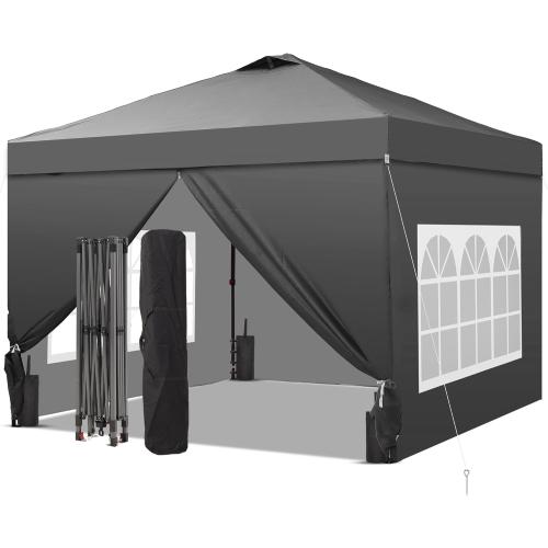 GDY 10x10 Pop Up Canopy Tent with 4 Sidewalls, Easy Set up with One Push Lift Outdoor Silver Coated Beach Gazebos, Carpas with 4 Sandbags, for Events, Parties,Camping, Gray.