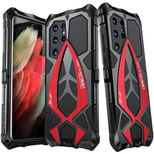 Armor Phone Case for Samsung Galaxy S22 Ultra Military Grade Drop Protection Cover S22Ultra 5G Heavy Duty Hybrid Metal Bumper Built-in Silicone Shockproof Dustproof - Black   Red