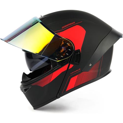 Modular LED DOT Adult Motorcycle Helmet for Street Bike (Red, XL) | 180 Degree Flip Up, Quick Release Visor Sun Shield, 3 Lighting Modes, ABS Shell, Bluetooth Ready