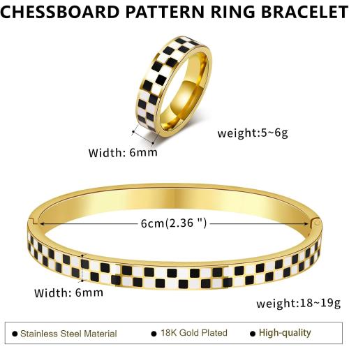Checkered Stackable Jewelry Set: Black & White 316L Stainless Steel Bracelet & Ring | Non Tarnish Geometric Gift for Women | Hypoallergenic Unisex Gift (2-Piece)