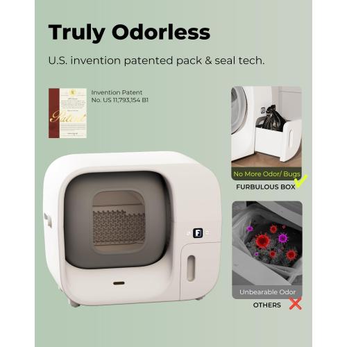 Furbulous True Odor-Free Self Cleaning and Packing Litter Box, Automatic Cat Litter Box with Self-Pack and Refill System, APP Control, Extra Large Space for 3.3-22 lbs Cats,