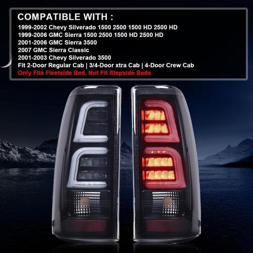 DOTCOM LED Tube Tail Lights Assembly w/light Bar Pair Fit Chevy Silverado 1500 2500 & HD 1999-2002/Fit GMC Sierra 1500 2500 & HD 1999-2006 Rear Lamps, Smoke Lens Black Housing Luces Traseras