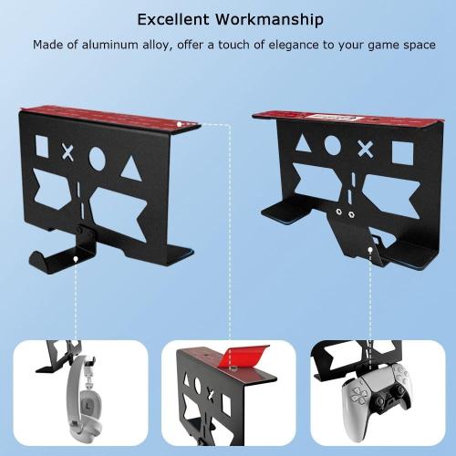 Aluminum Under Desk Mount for PS5/PS5 Slim/ PS5 Pro Digital & Disc, Securing Under Desk Bracket with Detachable Controller & Headphone Holder Kit No Drill (Black)