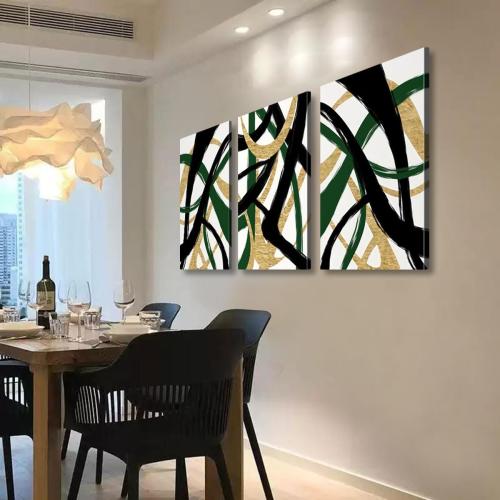 3Pcs Framed work Abstract Lines Canvas Wall Art Modern Black, Green, Gold Geometric Brushwork Prints Posters Abstract Line Images Framed gallery packaging artwork for living room prints, bedroom, office, and home decor 12X16Inch