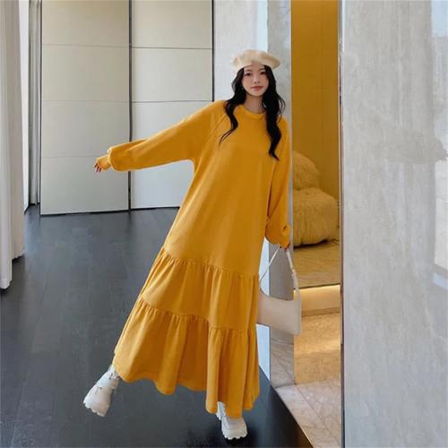 Women's 3XL Spring and Autumn Dresses Loose Cotton Solid Color Round Neck Long Sleeve Dresses