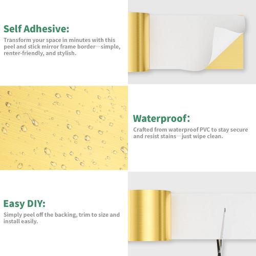 Peel and Stick Wallpaper Borders 390” x 4” Self Adhesive Mirror Frame Border Brushed DIY for Kitchen Bathroom Mirror Removal Border Sticker Wall Decor Cover 10.8 Sq.Ft, Brushed Golden