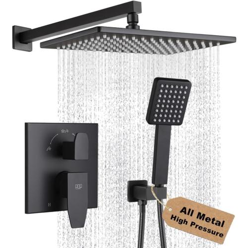 POP SANITARYWARE Matte Black Shower Faucet Set Rainfall 12 Inch Shower Head and Handle Set Bathroom Rain Shower System Wall Mounted Shower Fixture Include Shower Valve and Trim Kit