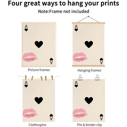 LYPHNX Trendy Ace of Spades Poster Wall Art Vintage Poker Queen Luck You Prints Black 8 Ball Cherry Set of 3 Wall Decor Kiss Lips Preppy Coquette Painting Picture for Bedroom Dorm 16x24 Unframed