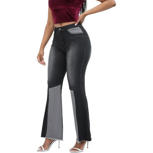 THUNDER STAR Women Large Patchwork Flare Jeans Stretch High Waisted Bell Bottom Raw Hem Denim Pants