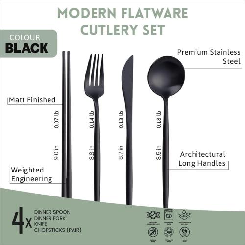 Set of 16 Matte Black KiiZYs Silverware Set - 16-Piece Kitchen Utensil With Korean Chopsticks - Stainless Steel Flatware Cutlery - Spoons, Forks, Knife - Dishwasher Safe - New Home Wedding Gifts (Black, 4 Sets)