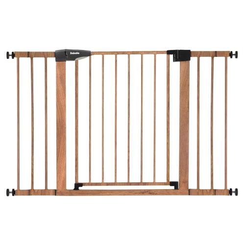Babelio 29-48 Metal Baby Gate with Brown Wood Pattern, Auto Close Dog Gate PressGuard P7 for The House, Stairs and Doorways, Pressure Mounted Pet Gate with Door, Safety Gate for Child and Pets