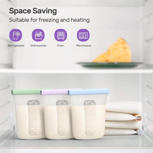 Nuliie 7 Pcs Reusable Silicone Breastmilk Storage Bags, 12oz/360ml Double Leak-Proof, BPA Free Self-Standing Milk Bags for Breastfeeding, Baby Food Pouches