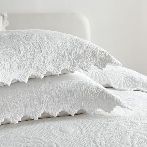 Cotton Quilt Bedding Set Reversible Lightweight Coverlet for All Seasons, 3 Pieces Embossed Floral Solid White Bedspread with Ruffled Edge, King Size