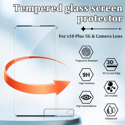[2 2 Pack] Galaxy S10 Plus Screen Protector and Camera Lens Protector, Fingerprint Unlock, 9H Hardness Tempered Glass, Anti-Scratch, Full Coverage Glass Film, Bubble-Free, for Galaxy S10 Plus 6.4 Inch