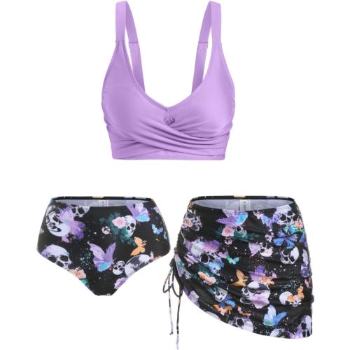 XXL DRESSFO Women's High Waisted Bikini Sets with Cover Up Skirt 3 Piece Gothic Skull Swimsuit Padded Tummy Control Bathing Suit