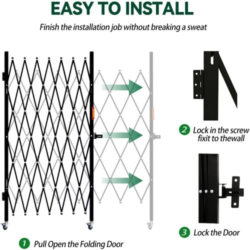 Folding Security Gate with Lockable Scissor Design and 360° Swivel Casters Outdoor Barricade for Entry Security, Garage, Warehouse, and Pool Areas (65“Wx50 H)