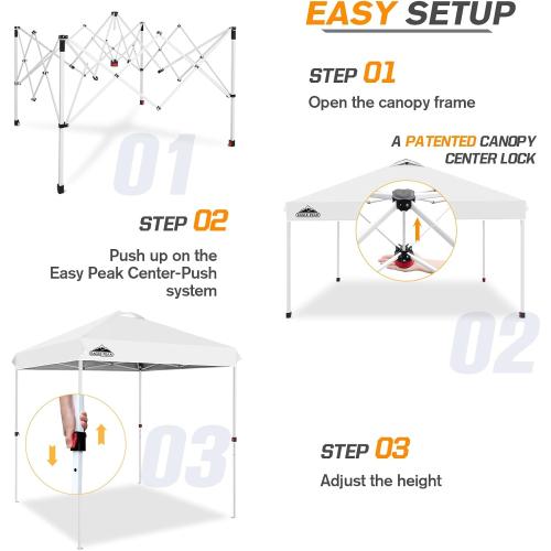 EAGLE PEAK Pop Up Canopy Tent with Wheeled Carry Bag, 8 Stakes, 4 Ropes, Easy Set Up Tent Canopy, 6.6x6.6 ft, White