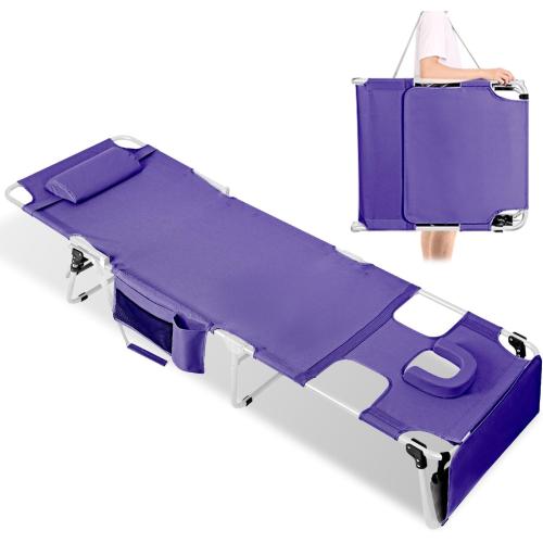White and Purple Tanning Chair with Face Hole, Adjustable Folding Chaise Lounge Chairs for Outside with Detachable Pillow & Pocket，Portable flat beach chairs for sunbathing, beach lawns camping (Purple, Standard)