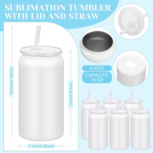 6 Set Sublimation Tumbler with Lid and Straw 16 oz Sublimation Insulated Cup Stainless Steel Cup with Packing Box Ribbon Transparent Handbag for Iced Coffee Juice Soda(White)