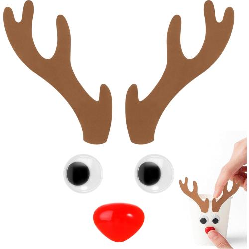 224 Pcs Christmas DIY Craft Stickers 24 Pairs of Khaki Antlers 100 Animal Eyes 100 Red Triangular Noses Christmas Party Supplies for Window Clings Fridge Wall Door
