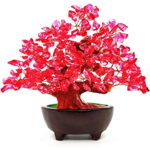 7 Inch Quartz Crystal Money Tree Bonsai Feng Shui Gem Decoration for Wealth and Luck (Red)