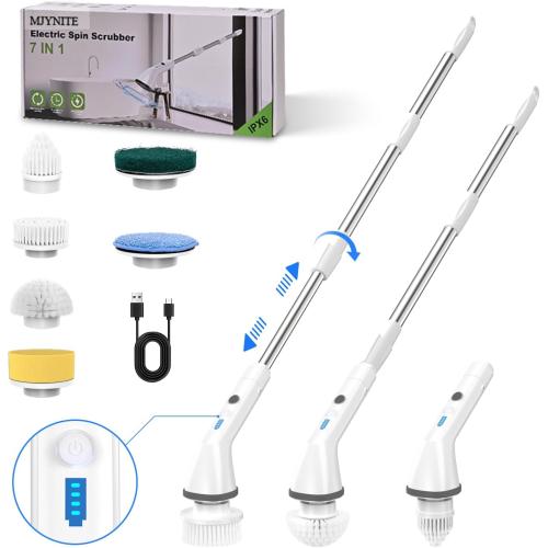 Cordless Spin Scrubber Electric Spin Scrubber with 6 Replaceable Brush Heads and Stainless Steel Adjustable Extension Handle, Bathroom Scrubber Electric Sink Scrubber Brush for Kitchen