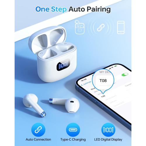 Color White Wireless Earbuds Bluetooth 5.3 Headphones, 40Hrs Playback Stereo Ear Buds with LED Display Charging Case IPX7 Waterproof in-Ear Earphones with Mic for Phone Tablet Laptop Sports, White
