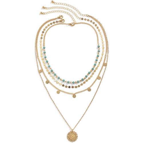 Gold Layered Necklace for Women Summer Boho Layered Stacked Pendant Necklace Country Concert Necklace Turquoise Coin Long Necklace